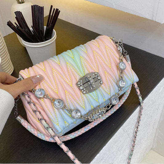 Fashion All-match Women's Bag Lingge Embroidery Rhinestone One-shoulder Diagonal Bag Color PU Handbag