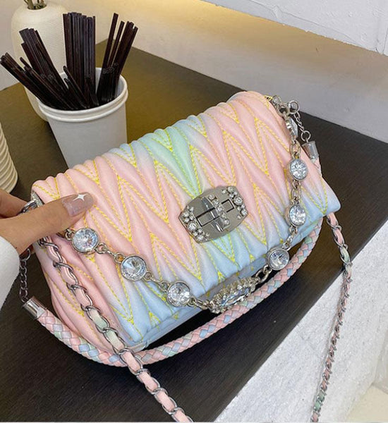 Fashion All-match Women's Bag Lingge Embroidery Rhinestone One-shoulder Diagonal Bag Color PU Handbag