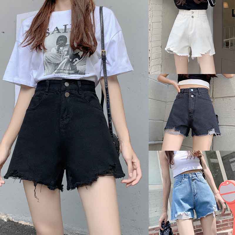 Denim Shorts Women's High Waist Summer Korean Style Loose and Thin A-line Ripped Pants