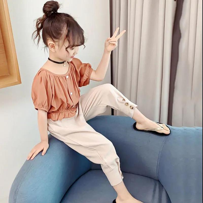 Girls' Suits Summer Children's Girls Korean Version of Thin Solid Color Fashionable Short Sleeve Two-piece Suit