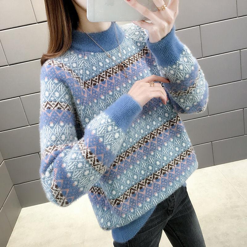 Color Thick Striped Sweater Autumn and Winter Loose Pullover Half High Neck Knitted Young Women's Top