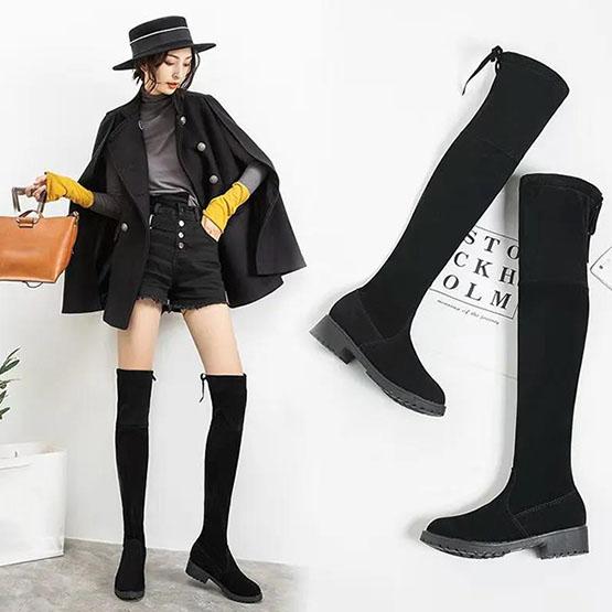 Women's Winter Long Boots Plus Size Black Low Thick Heel Plush Boots Female All-match Casual Party Elastic Boots