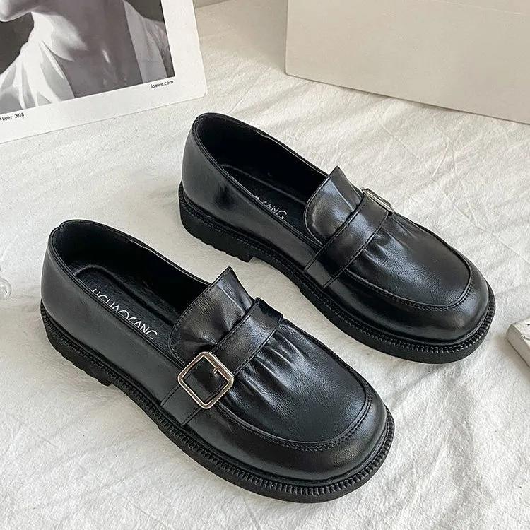 Female Retro British Style Black Leather Shoes Girls Spring Autumn Summer Flat Slip-on Single Shoes Casual Mother Home Shoes