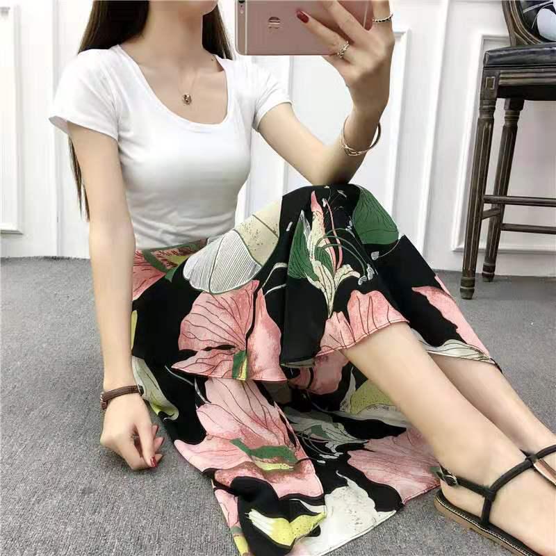 Long Floral Chiffon Casual Skirt One-piece Skirt Women Summer Chiffon Wrap Skirt Long Beach Skirt