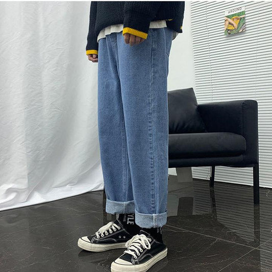 Summer Thin Straight-leg Jeans Men's Loose Casual Tether Nine-point Pants Male Students All-match Trousers