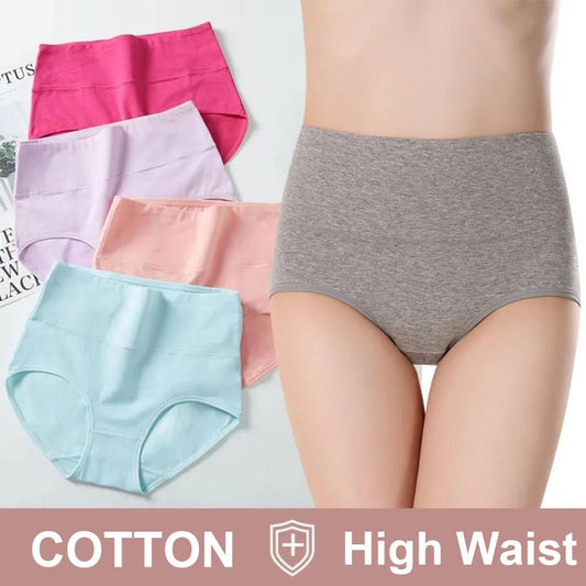 3-pack of Pure Cotton Large Size High-waisted Women's Panties, Abdomen, Buttocks, Antibacterial and Breathable Briefs