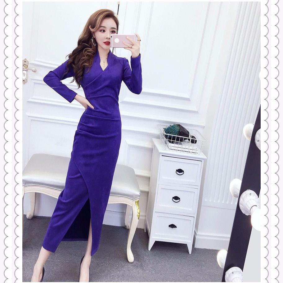 Women's Bottoming Shirt Knit Dress Fashion Slim Pullover V-neck Sweater Knitted Dress Mid-length Over-the-knee Bottoming Shirt