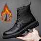 Martin Boots Men's High-top Autumn and Winter Short Boots Tooling Boots Black Plus Velvet Leather British Style Mid-top Boots Boyfriend Shoes