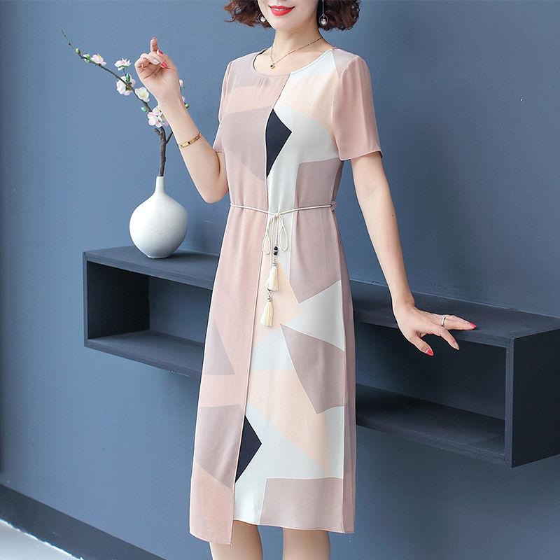 Spring Summer Chiffon Dress Women O-Neck Short Sleeve Dresses Sweet Slim Elastic Waist Mid-length Ladies Dress