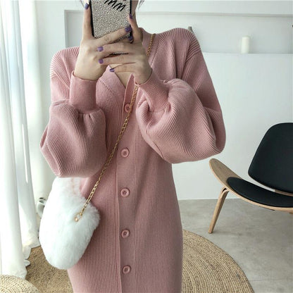 Autumn and Winter Casual French Dress INS Style V-neck Lantern Sleeve Bottoming Dress Fashionable Knitted Female Sweater Dress