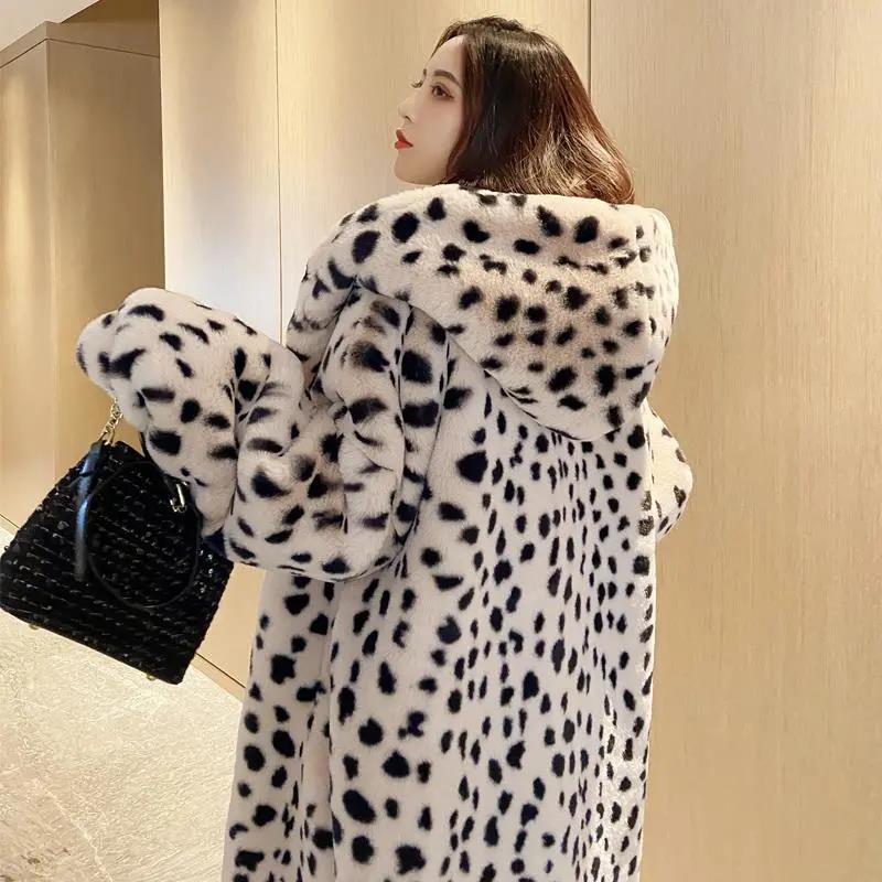 Faux Fur Jacket Winter Ladies Fashion Leopard Print Hooded Thick Warm Mid-length Fur Coat