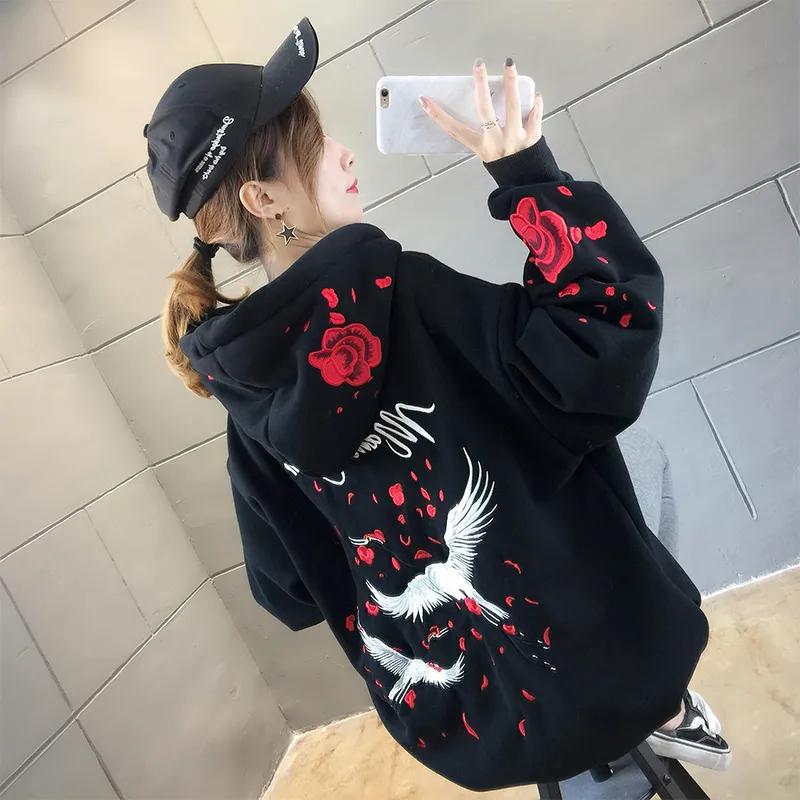 Crane Floral Embroidery Harajuku Hoodies Women Autumn Winter Thick Fleece White Black Hooded Pullover Tops Oversized Streetwear Hip Hop Sweatshirts