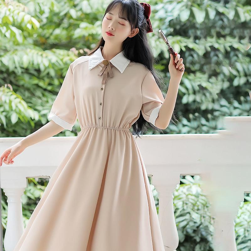 College Style Retro Slim Waist Temperament Dress Female Short-sleeved Mid-length Skirt A-line Skirt Bow Decoration Sweet and Cute