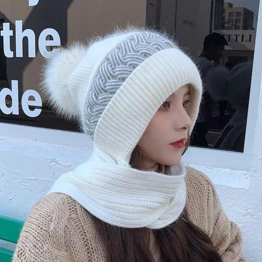 Hat Women's Autumn and Winter Knitted Ear Protection Woolen Cap Mask Warmth and Velvet Thick Korean Version of The Wild Cycling Cap