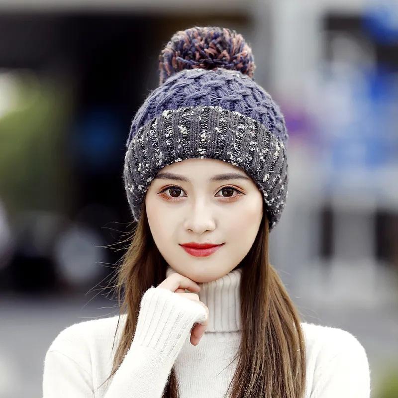 Women's Woolen Hats for Autumn and Winter Warm Knitted Hats Korean Style Student's Hats Leisure Trend Fur Ball Top Cap Female Thick Velvet Padded Hats