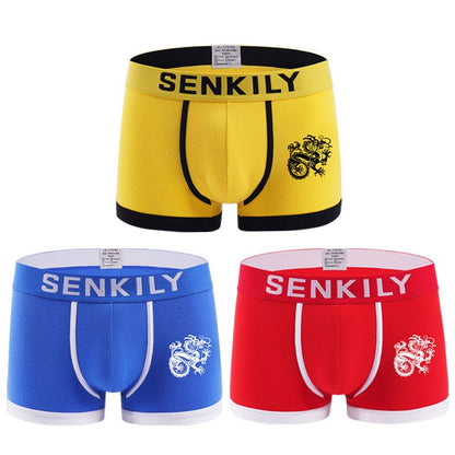 3 Packs of Men's Underwear, Pure Cotton Boxer Shorts, Student Pants, Solid Color Dragon Pattern, Chinese Style Individual Boxer Shorts