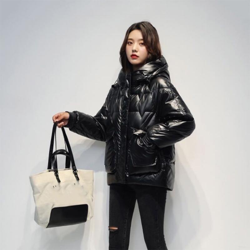 Women's Shiny Short Down Jacket Winter Korean Style Loose Quilted Jacket Casual Hooded Padded Jacket