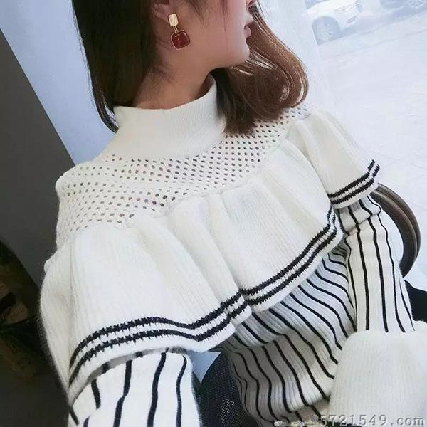 High-neck Hollow Ruffled Sweater Fashion Flared Sleeves Vertical Striped Top Casual Slim