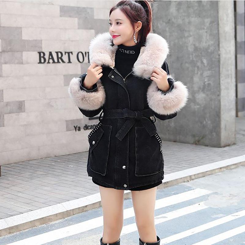 Ladies Winter Jacket Cashmere Thick Denim Hooded Coat with Big Fur Collar Parka