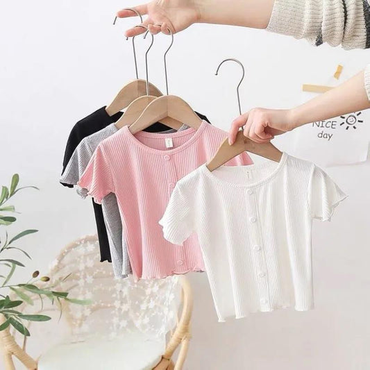 Baby Girl 2021 Summer Solid Color Short-sleeved Buttons Corrugated Kids Children's T-shirt Girls Children's T-shirt 0-4T