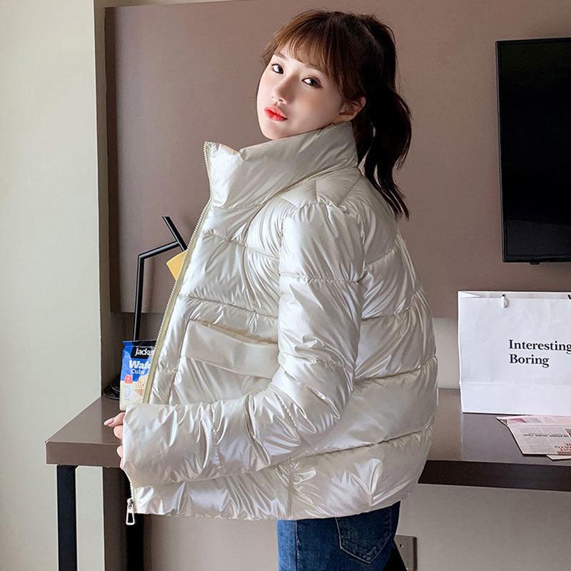 Women's Shiny Short Down Jacket Winter Korean Style Loose Quilted Jacket Casual Stand-collar Padded Jacket