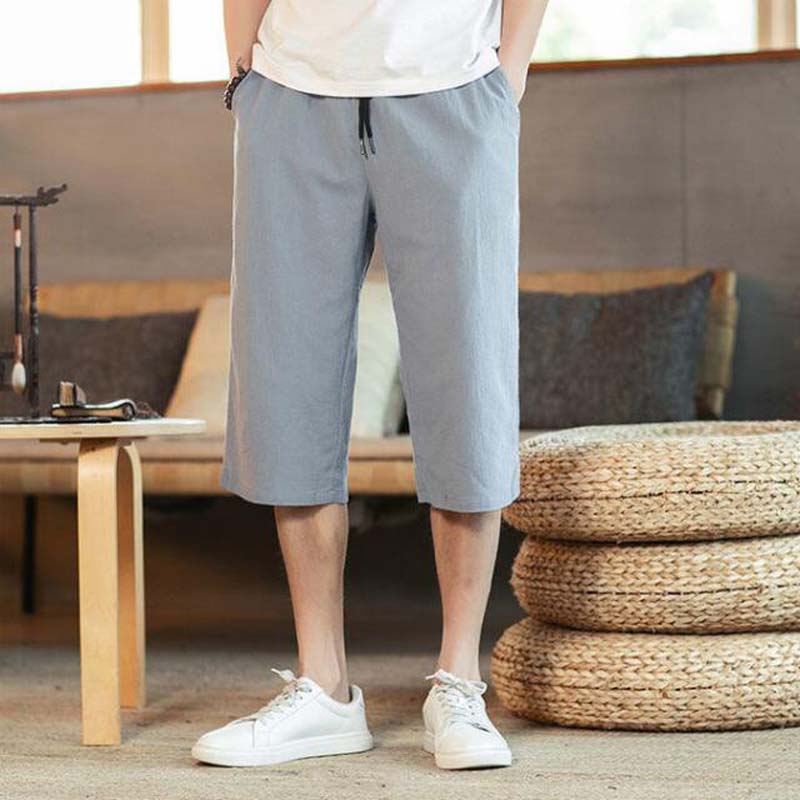 Cropped Pants Men's Linen Shorts Summer Thin Casual Pants Loose Large Size Cotton and Linen Beach Pants