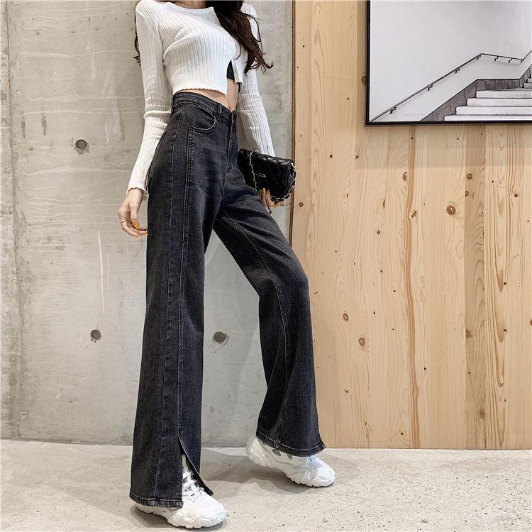 WTEMPO Split Jeans Women's High Loose Casual Washed Denim Straight Long Wide Leg Pants