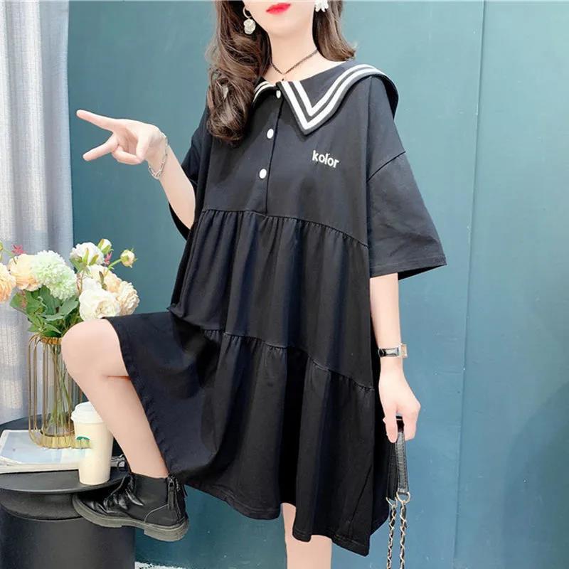 Women's Loose Summer Dress Round Neck Short-sleeved Large Skirt Dress Sailor Suit Dress Sweet and Cute Cotton Fabric Absorbent and Breathable