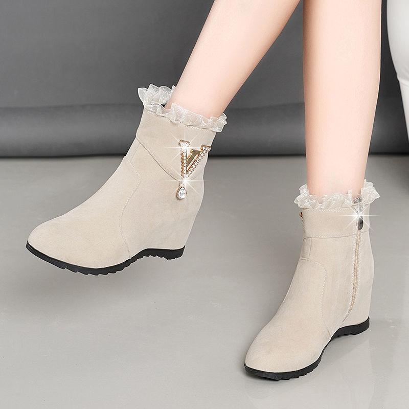 Autumn and Winter Frosted Plush Inner Heightening Women's Boots Versatile Middle Heel Rhinestone Short Martin Boots