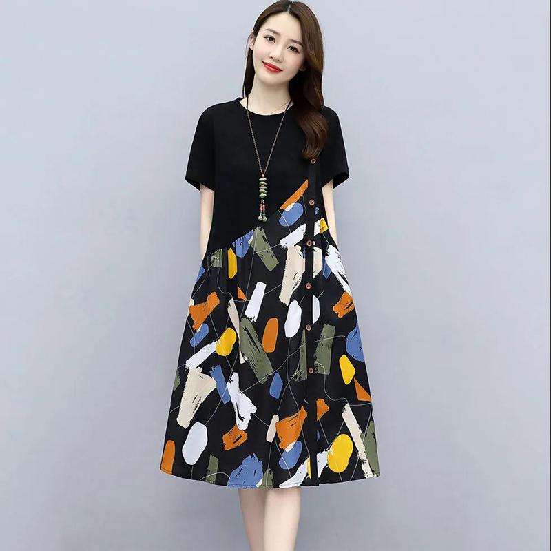 Broken Flower Loose Dress Women Loose Cover Belly Slimming Casual A-line Skirt Women Round Neck Short Sleeve Stitching Flower Color Dress