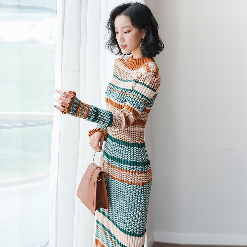 Mid-length Knitted Dress French Retro Dress Bottoming Turtleneck Sweater Dress Over The Knee 2021 Autumn and Winter Women