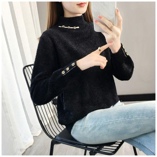 Autumn and Winter Half High Neck Thick Sweater Mohair All-match Loose Jacket Women Casual Knitted Women Bottoming Shirt