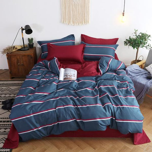 WTEMPO Stripe Print Home Textiles Simple 3/4pcs Bedding Sets Cotton Quilt Cover Bed Sheet and Pillow