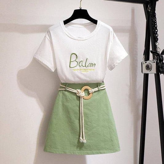 Pofulove Women High-quality White O-Neck Cotton T-shirt+high Waist Thin Slim Short Skirt Two-piece Suit