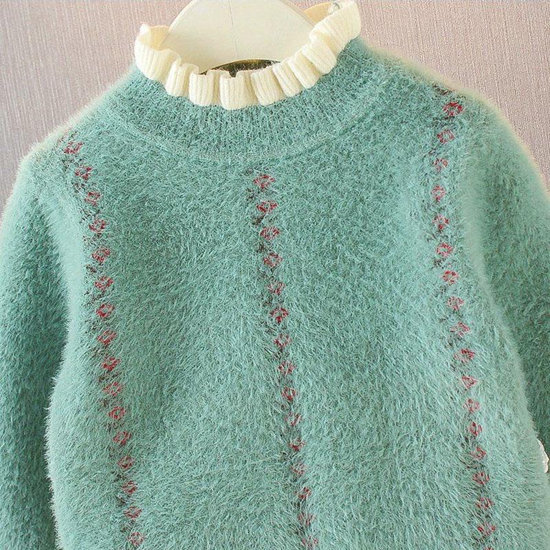 Girls Baby Mink Velvet Sweater Baby Children Sweater Pullover Knitwear Autumn and Winter Long-sleeved Top Loose Ruffle Sweater