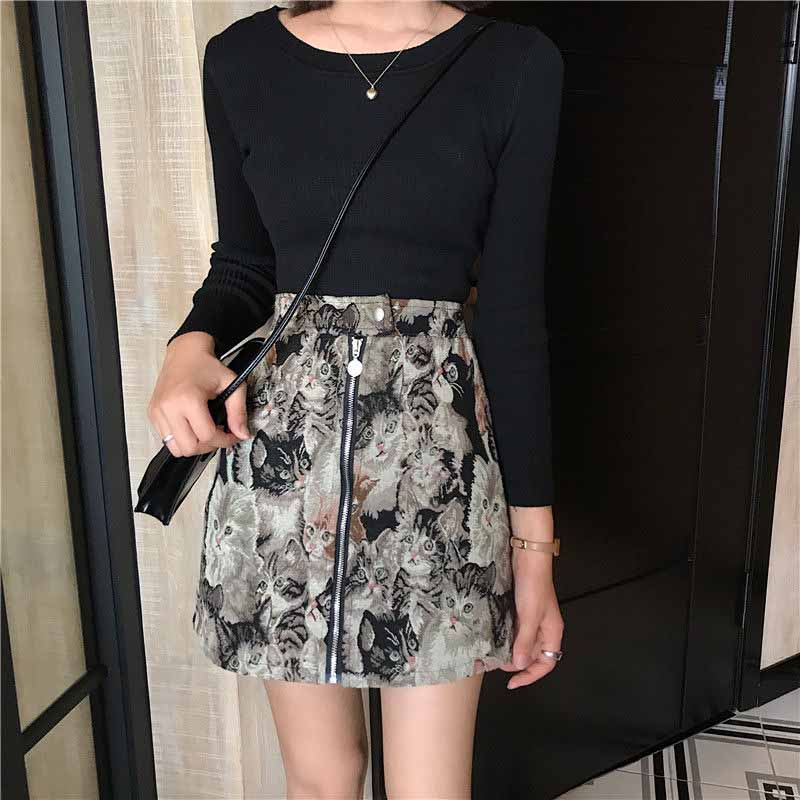 A-line Skirt Embroidered Cat Print Skirt Autumn and Winter Age Reduction Women's Bag Hip Skirt High Waist Skirt Female Student