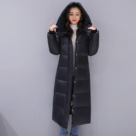 Winter Fashion Padded Jacket Women's Mid-length Over-the-knee Shiny Face-free Hooded Trendy Thick Bread Clothes