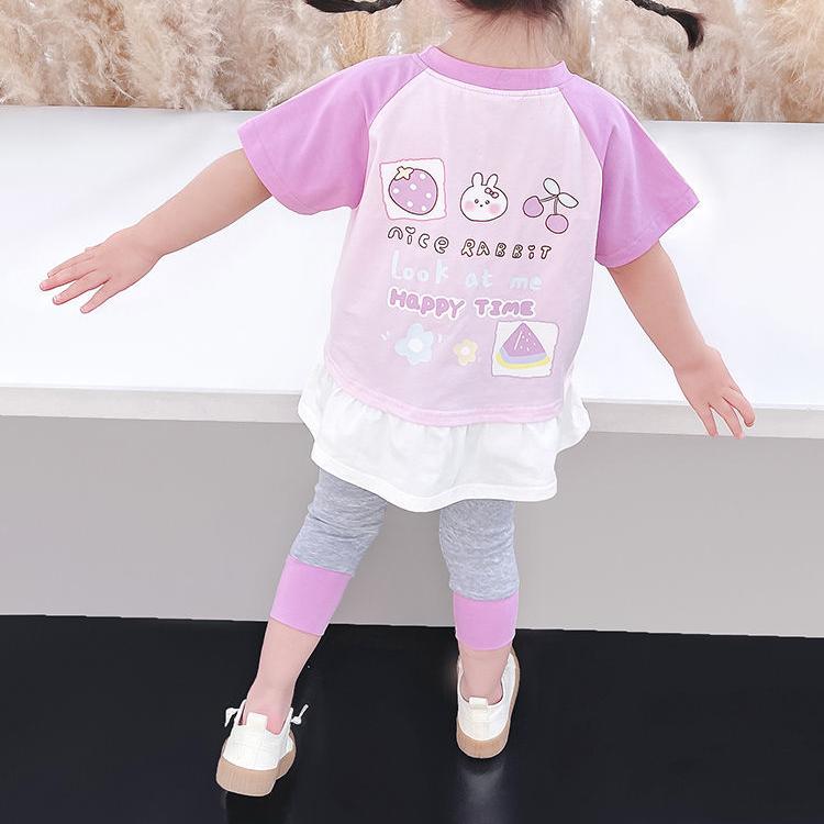 Children's Suit Summer Light Girls' Casual Wear Printed Rabbit Fruit Splicing T Shirt Elastic Leggings Two Piece Set