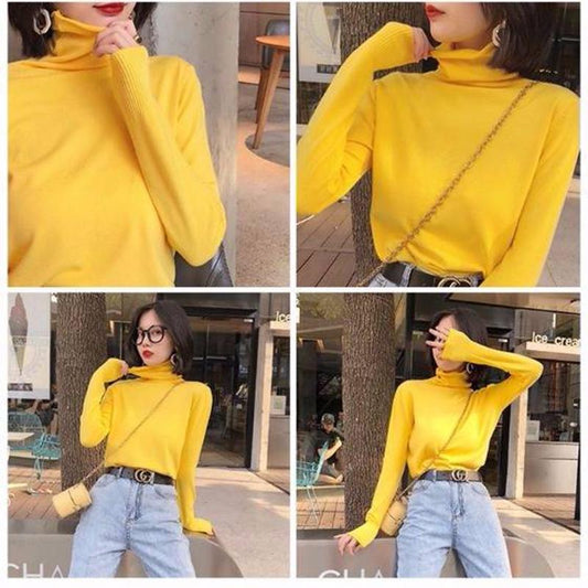 Pofulove Female Turtleneck Knitted Pullover Sweaters loose  Sweater  Tops winter Casual Jumper