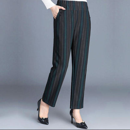 Thick Striped Pants Women's Autumn and Winter Plus Velvet Stretch High-waist Straight-leg Pants Middle-aged Mother Pants