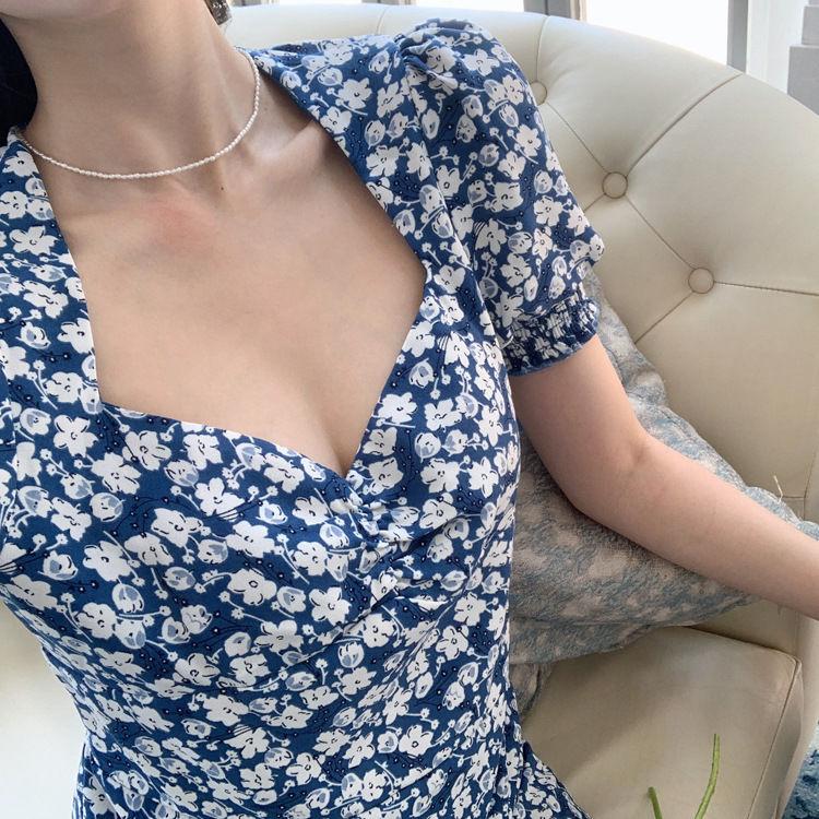 Woman Summer Short Sleeve Slim Long Party Dress Elegant Blue Floral Print Square Collar Side Split Holiday Dress