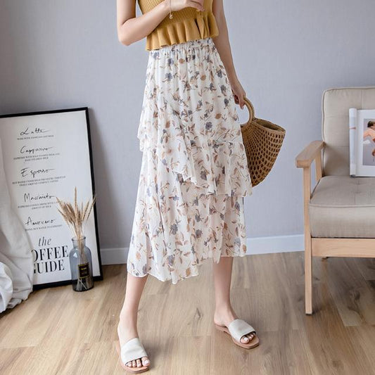 Floral Print Long Women's Skirts Casual Elegant Loose Elastic High Waist Street Femme Boho Skirts