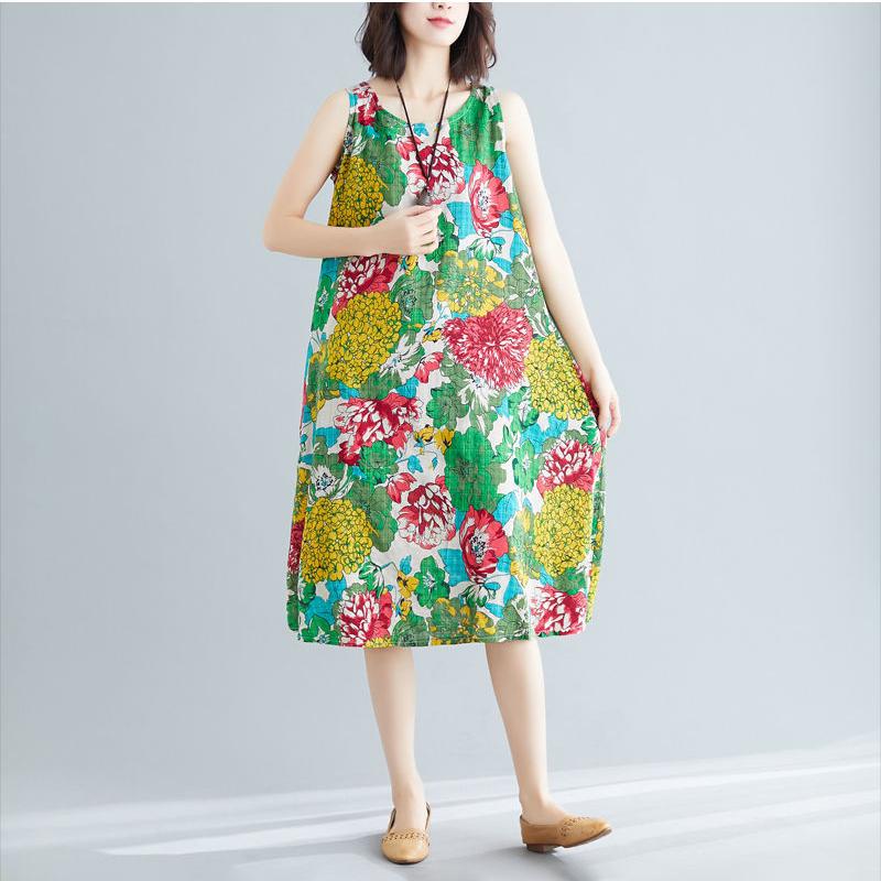 Ethnic Style Big Swing Dress Female Summer Sleeveless Sling Large Size Printing Mid-length Skirt Fabric Is Light Breathable Loose and Comfortable