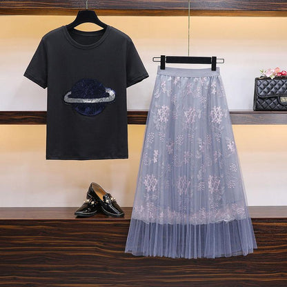 Fashion Summer Skirt Suit Women Embroidered Cotton T-shirt Printed Tulle Skirt Two-piece Suits