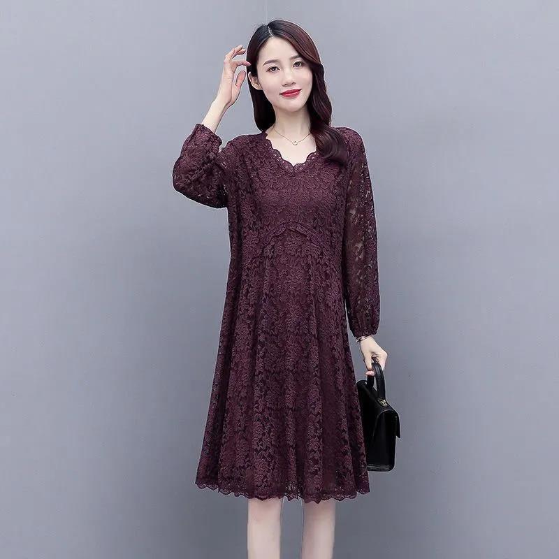 Women Solid Color Lace Long Sleeve V-neck Dress Spring and Autumn Large Size Loose Knee-length Size M-XXXXXL