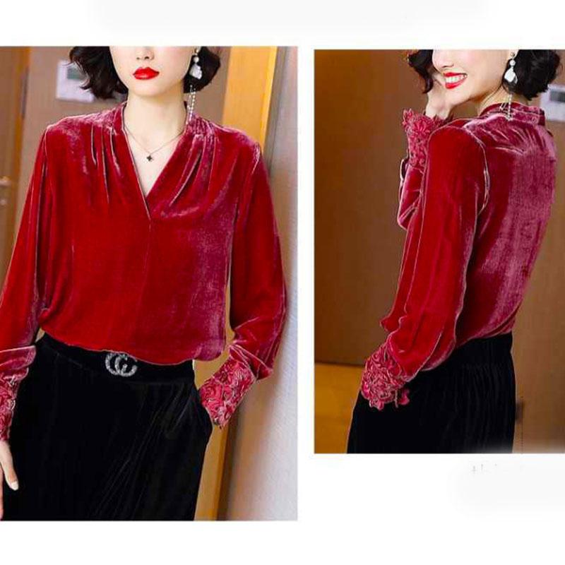 Women Sexy V-neck Velvet Office Blouse Elegant Blue Long Sleeve Wild Basic Shirts Vintage Casual Ladies Top Spring Pullover