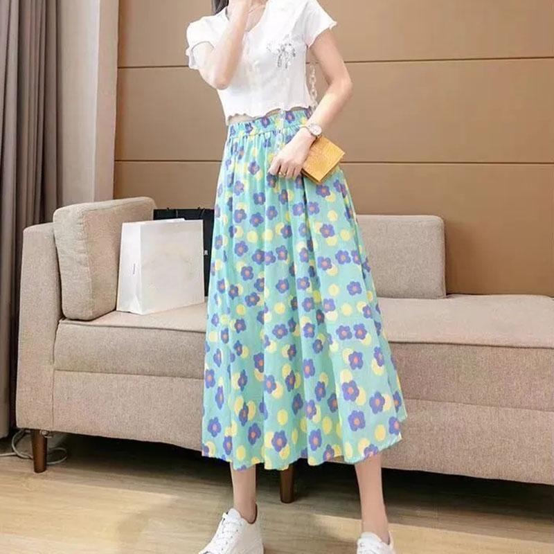 Women Skirts Female Summer Casual A-line Skirt Thin Elastic High Waist Skirts Vintage Loose Long Chiffon Floral Skirt