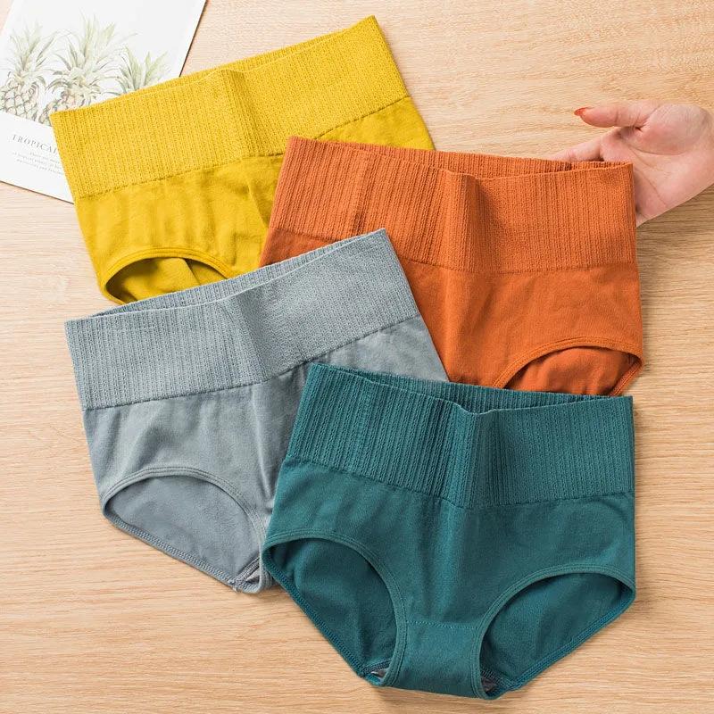 4PCS Women's Pure Cotton Crotch Antibacterial High-waist Panties for Students Sexy Breathable Belly-lifting Hips Plus Size Ladies Briefs Underwear