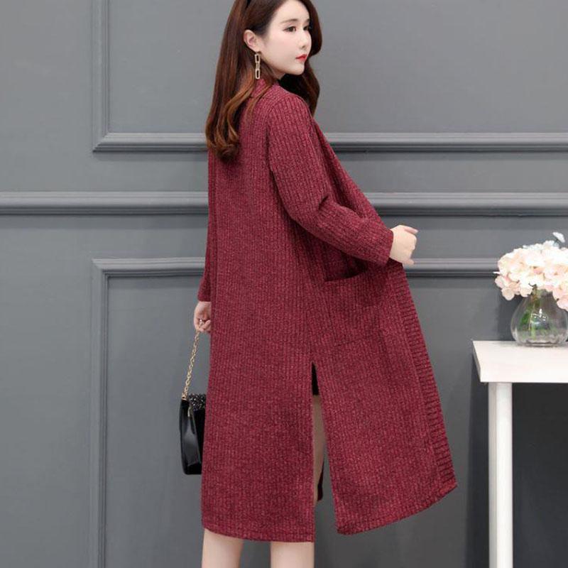 Autumn and Winter Knitted Cardigan Jacket Mid-length Thick Long-sleeved Sweater Pure Color Simple Female Jacket