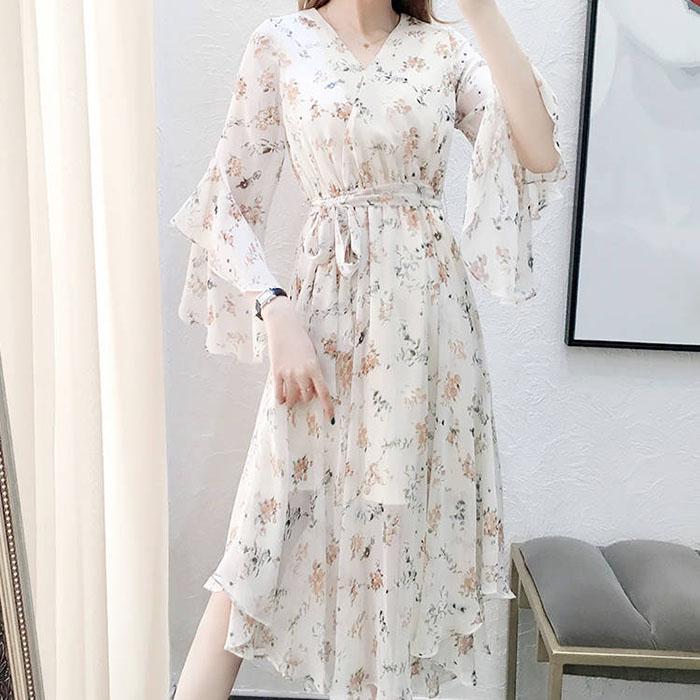 Pofulove M-4XL Women Summer Floral Chiffon Dress Slim Short-sleeved V-neck A-line Beach Dresses